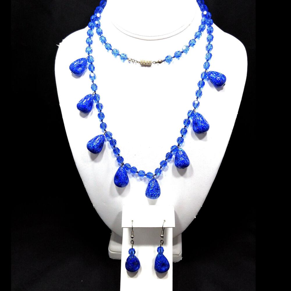 Vintage Cobalt Blue Crystal Necklace Earrings Faux Lapis Glass Set